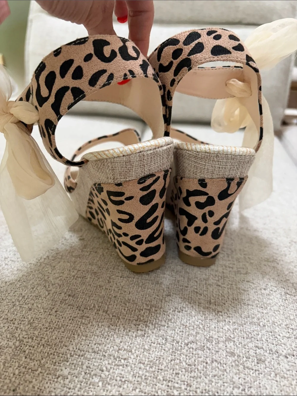 Leopard Print Wedge Sandals with Ivory Ribbon